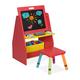 Relaxdays Kinderregal mit Tafel, Spielzeugregal, 2 Fächer & Stoffbox, HBT: 84 x 52 x 45 cm, Spieltafel mit Hocker, rot