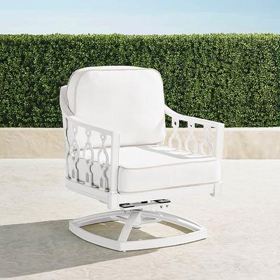 Avery Swivel Lounge Chair with Cushions in White Finish - Suki Suzani Air Blue with Sailcloth Cobalt Piping - Frontgate