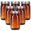 eleganttime Amber Glass Mason Jars 32 oz Wide Mouth with Airtight Lids and Bands 6 Pack Large Glass Canning Mason Jars with Lids Quart Wide Mason Jars,Great for Canning Jar Pickle Fermenting Jam Jar