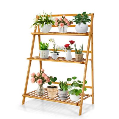 Costway 3-Tier Bamboo Foldable Plant Stand with Display Shelf Rack-Natural