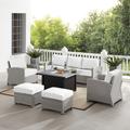 Bradenton 6Pc Outdoor Sofa Set W/Fire Table - Sunbrella White/Gray - Dante Fire Table, Sofa, 2 Armchairs & 2 Ottomans - Crosley KO70183GY-WH