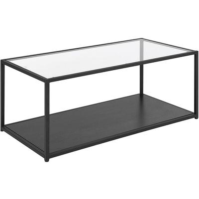 Table Basse Rectangulaire en Verre et Métal Noir avec Plateau de Rangement en Imitation Bois Noir