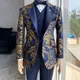 Costume de smoking Jacquard à fleurs pour homme 3 pièces coupe ajustée bleu marine et or veste