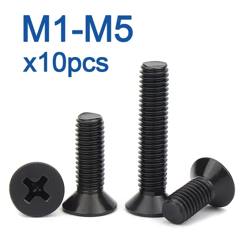 10 pièces/lot M1 M1.2 M1.4 M1.6 M1.7 M2 M2.5 M3 M3.5 M4 M5 KM Mini petit acier noir KM Phillips vis à tête fraisée plate boulon