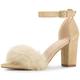 Allegra K Women's Ankle Strap Faux Fur Block Heels Sandals Beige 6 UK/Label Size 8 US