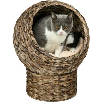 Rattan Katzenkorb Katzenhöhle Katzenhütte Katzenbett mit Kissen Haustierbett Wasserhyazinthe Kaffee Image