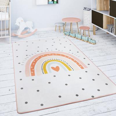 Kinderteppich Teppich Kinderzimmer Spielmatte Rutschfest Regenbogen Herz Creme Rosa 80 cm Rund