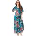 Plus Size Women's Flutter-Sleeve Crinkle Dress by Roaman's in Teal Watercolor Bouquet (Size 42/44)
