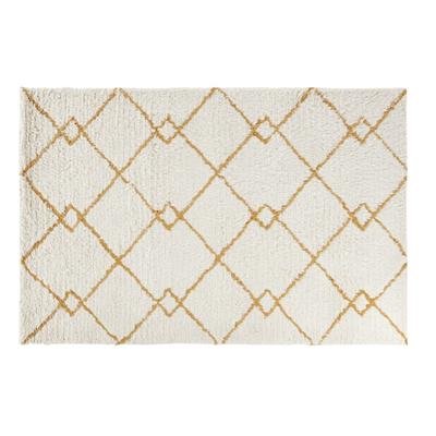Tapis en laine fait main motifs graphiques jaune moutarde et beiges 140x200
