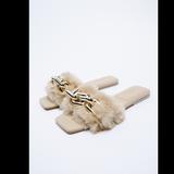 Zara Shoes | New! Zara Low Heel Faux Fur Sandals With Buckle! | Color: Tan | Size: 10