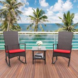 Red Barrel Studio® Outdoor Wicker Rocking Chair Glass Coffee Side Table 3-Piece & Cushions in Red/Pink | 40 H x 24 W x 30 D in | Wayfair