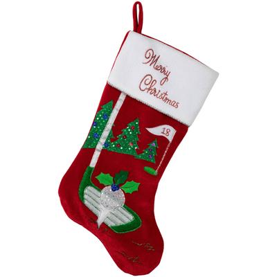 20" Red Velveteen Golf Christmas Stocking White Embroidered Cuff