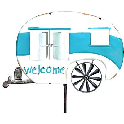 Dandibo - Gartenstecker Metall Wohnwagen xl 160 cm Blau Weiß Caravan 96103 Windspiel Willkommen Image