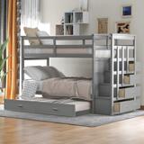 Twin Over Twin Solid Wood Bunk Bed with Trundle and 4 Drawers, Kids Bed with Handrail Stairs and Full-length Guardrail, Gray