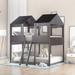 House-Shaped Full Over Full Pine Wood Low Bunk Bed with Inclined Ladder and Guardrail, Kids Bed with Roof & Window Design, Gray