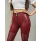 Pantalon de Moto en cuir pour femmes couleur unie boutonné décontracté enduit Pu bordeaux avec