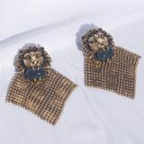 Gucci Jewelry | Gucci Lion Head Clip-On Earrings In Antique Gold | Color: Blue/Gold | Size: Os