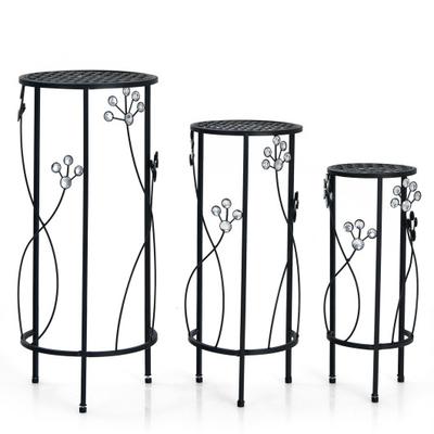 Costway 3 Pieces Metal Plant Stand Set with Crystal Floral Accents Round-Black