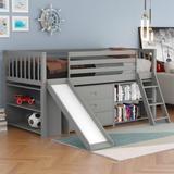 Low Loft Bed with Bookcases and 3-tier Drawers-Twin Size