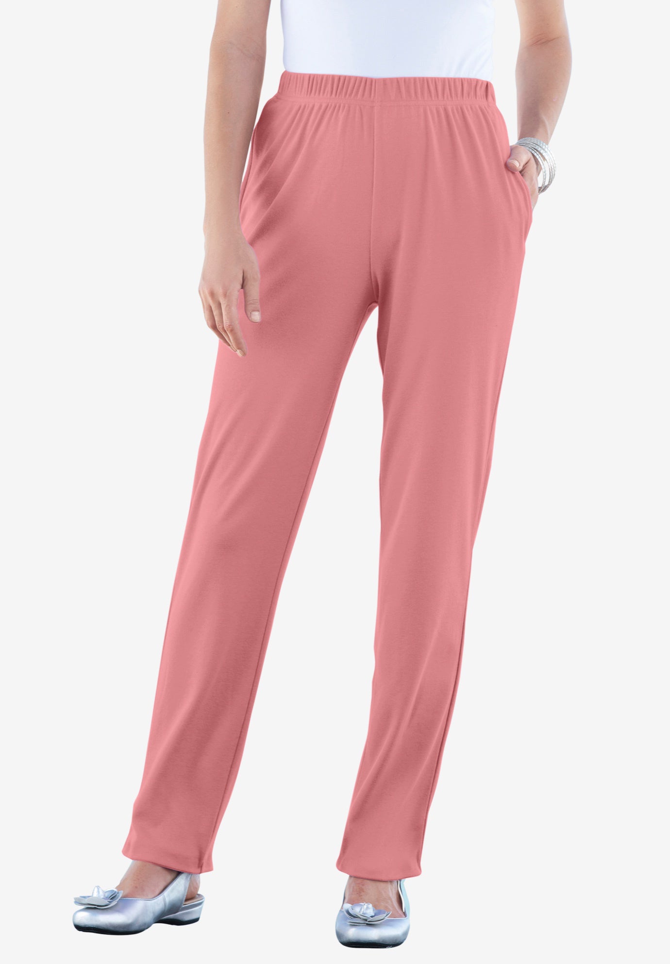 Plus Size Women's Plus Size Straight Leg Soft Knit Pull On Pant by Roaman's in Desert Rose (Size 4X) Pull On Elastic Waist