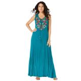 Plus Size Women's Embroidered Sleeveless Crinkle Dress by Roaman's in Deep Turquoise Floral Embroidery (Size 34/36)