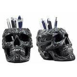 World Menagerie Nghiem Tribal Tattoo Floral Skull Desk Organizer Set Plastic in Black | 4 H x 4 W x 5.75 D in | Wayfair