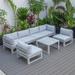 LeisureMod Chelsea 7-Piece Patio Sectional And Coffee Table Set Weathered Grey Aluminum With Cushions in Light Grey - LeisureMod CSTWGR-7LGR