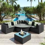 7-piece Outdoor Wicker Sofa Set, Rattan Sofa Lounger, With Striped Green Pillows, Conversation Sofa, For Patio, Garden, Deck