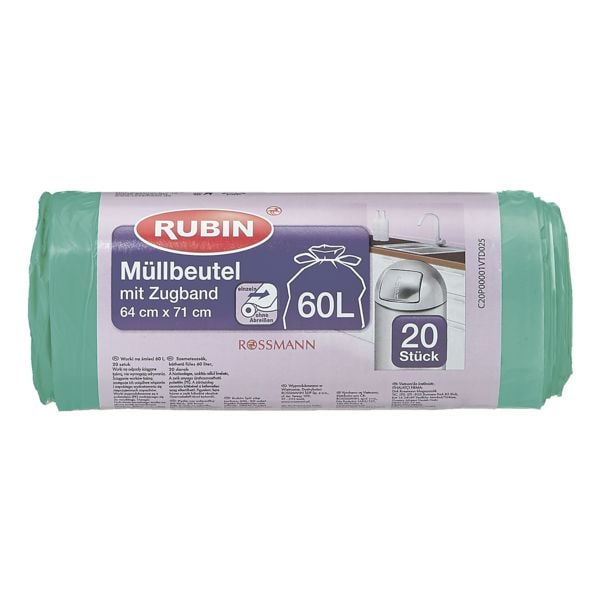 RUBIN 20 Zugband-Müllbeutel 60 L grün, 64x71 cm