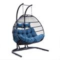 LeisureMod Wicker 2 Person Double Folding Hanging Egg Swing Chair in Navy Blue - LeisureMod ESCF52NBU