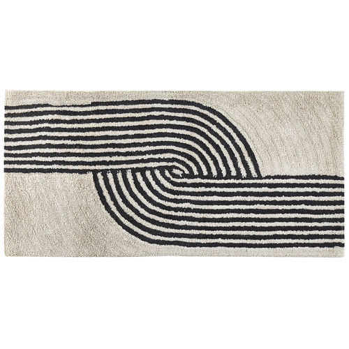Teppich Schwarz und Weiß Baumwolle rechteckig 80 x 150 cm Spiralmuster handgewebt Retro Stil gefärbt Kurzhaar Kurzflor Bettvorleger Läufer