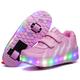 Super kids Boys Girls Roller Skate Shoes Kid 7 Colors LED Light up Shoes Wheels USB Charging Luminous Trainers Double Wheel Inline Skates Gymnastics Skateboard Sneakers, Pink Dj28, 12 UK Child