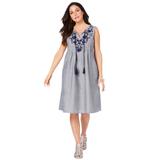Plus Size Women's Embroidered Chambray Dress by Roaman's in Navy Vine Embroidery (Size 12 W)