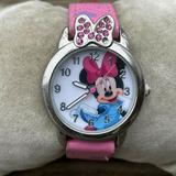 Disney Accessories | Disney Minnie Mouse Wrist Watch Pink Band Analog Women Watch Silver Tone Case | Color: Pink/Silver | Size: Os
