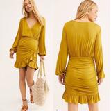 Free People Dresses | Free People Miami Beach Long Sleeve V Neck Faux Wrap Ruffle Mini Dress | Color: Green/Yellow | Size: M