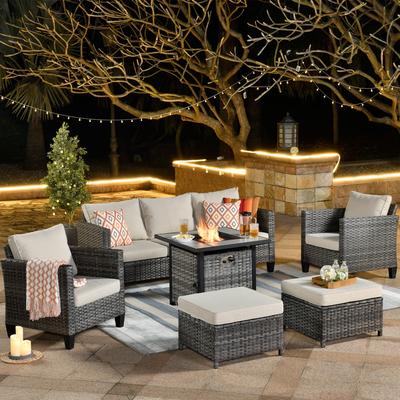 OVIOS 6-piece Patio Outdoor Wicker Conversation Set With 30" Fire Pit
