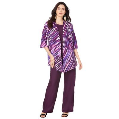 Plus Size Women's Three-Piece Pantsuit by Roaman's in Dark Berry Abstract Stripe (Size 18 W)