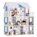 Navaris Wooden Dolls House - 3 Storey Wood Dollhouse with Toy Furniture and Soft Accessories - Doll House with 5 Rooms and Balcony - 69.5 x 62 x 27cm