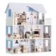 Navaris Wooden Dolls House - 3 Storey Wood Dollhouse with Toy Furniture and Soft Accessories - Doll House with 5 Rooms and Balcony - 69.5 x 62 x 27cm