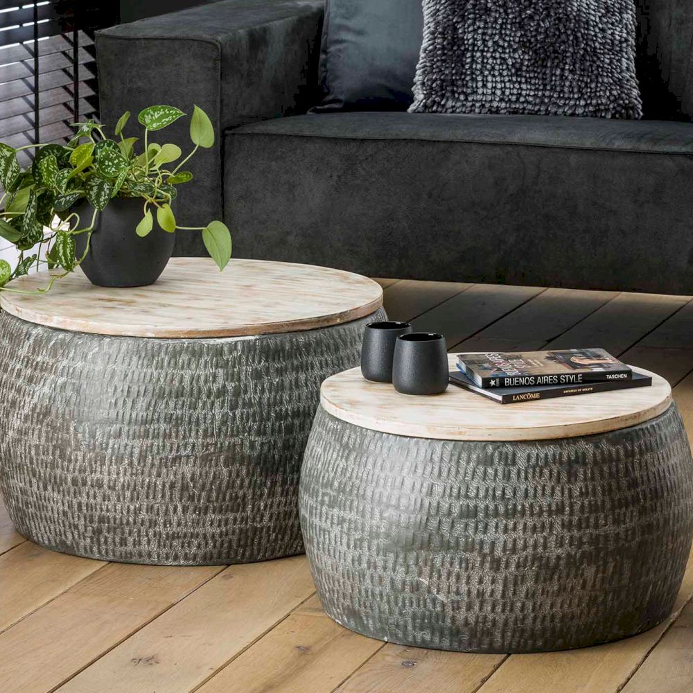 designline »Salles« Massivholz Couchtisch 2er-Set Stahl