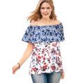 Plus Size Women's Off Shoulder Ruffle Tee by Woman Within in Evening Blue Mix Print (Size 34/36) Shirt