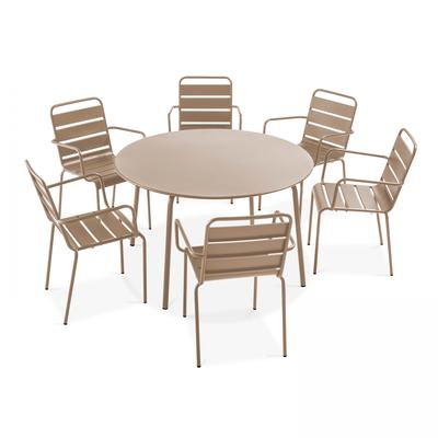 Table de jardin ronde et 6 chaises métal taupe