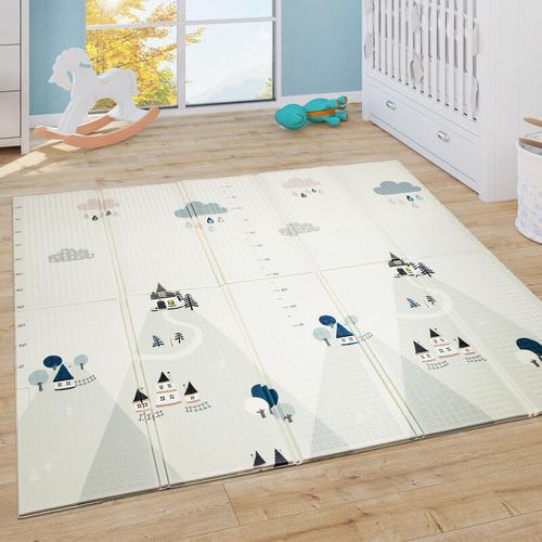 Spielmatte Krabbelmatte Baby Matte Faltbar AbWendbar Tiere Creme Blau Gelb 180x200 cm - Paco Home