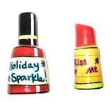 Nail Polish Lipstick Holiday Sparkle Salt and Pepper Shakers Set - Red