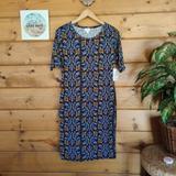 Lularoe Dresses | Lularoe Nwt Julia Body Con Form Fitting Stretch Dress Floral Geo Knee Medium | Color: Blue/Purple | Size: M