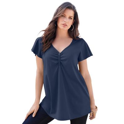 Plus Size Women's Plus Size Cotton Ultimate Flutter Sleeve Sweetheart Tee by Roaman's in Navy (Size 38/40) Long T-Shirt Top