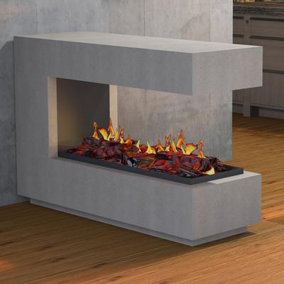 muenkel design loft.line 1400 -- C-02 Raumteiler [Design Opti-myst Elektrokamin mit Festwasseranschluss]: Betonoptik - Ohne Heizung - Dekoholz mit Stehrost (gerade) - ohne Scheibe