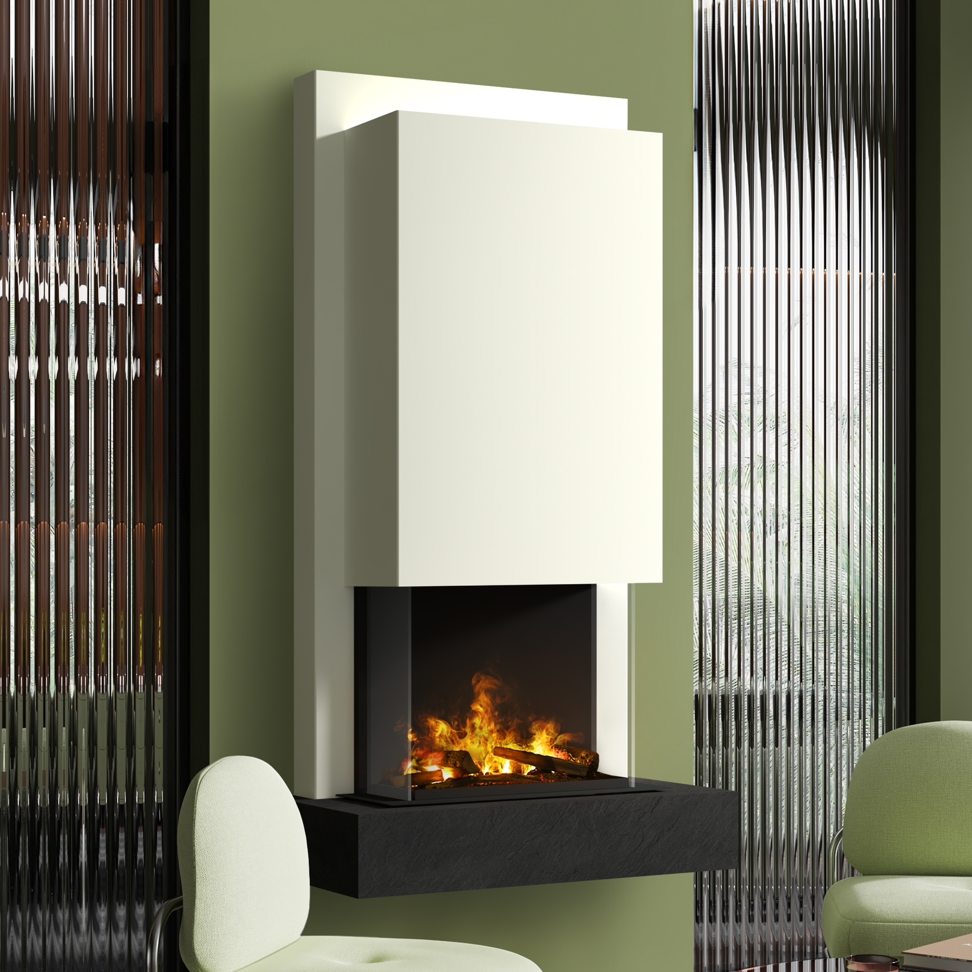 muenkel design Arco [Elektrokamin Opti-myst]: Nero (Schiefer schwarz) - weiß