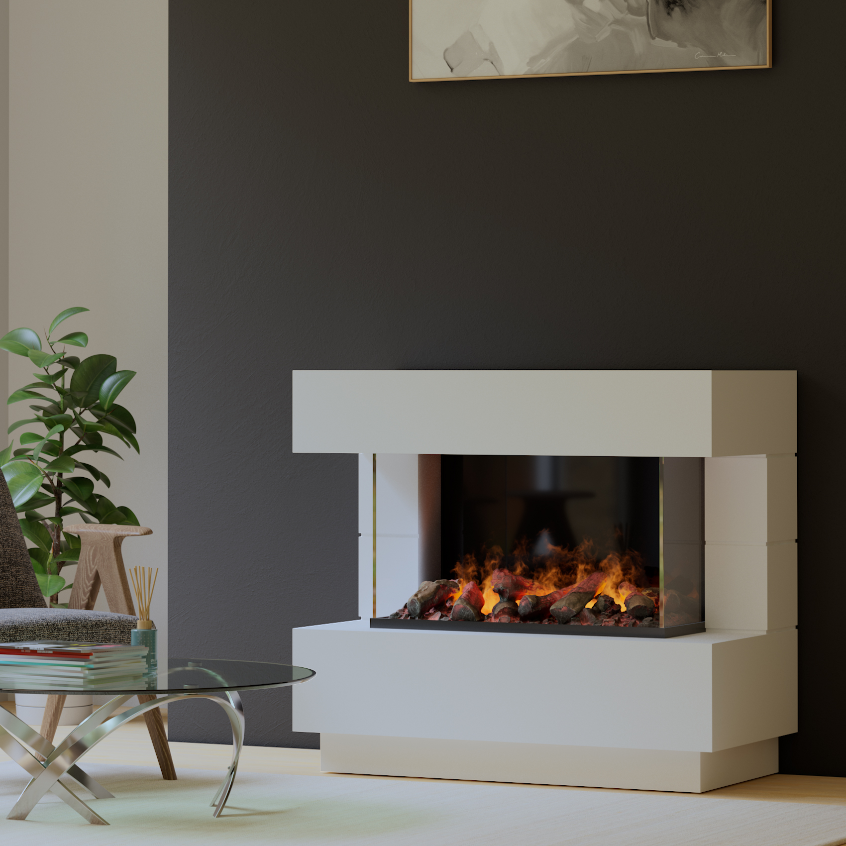 muenkel design London 1100 Opti-glo [Elektrokamin Opti-myst]: Wunschfarbe nach RAL - Mit Heizung - Wasserleitung - Kieswanne mit schwarzen Steinen