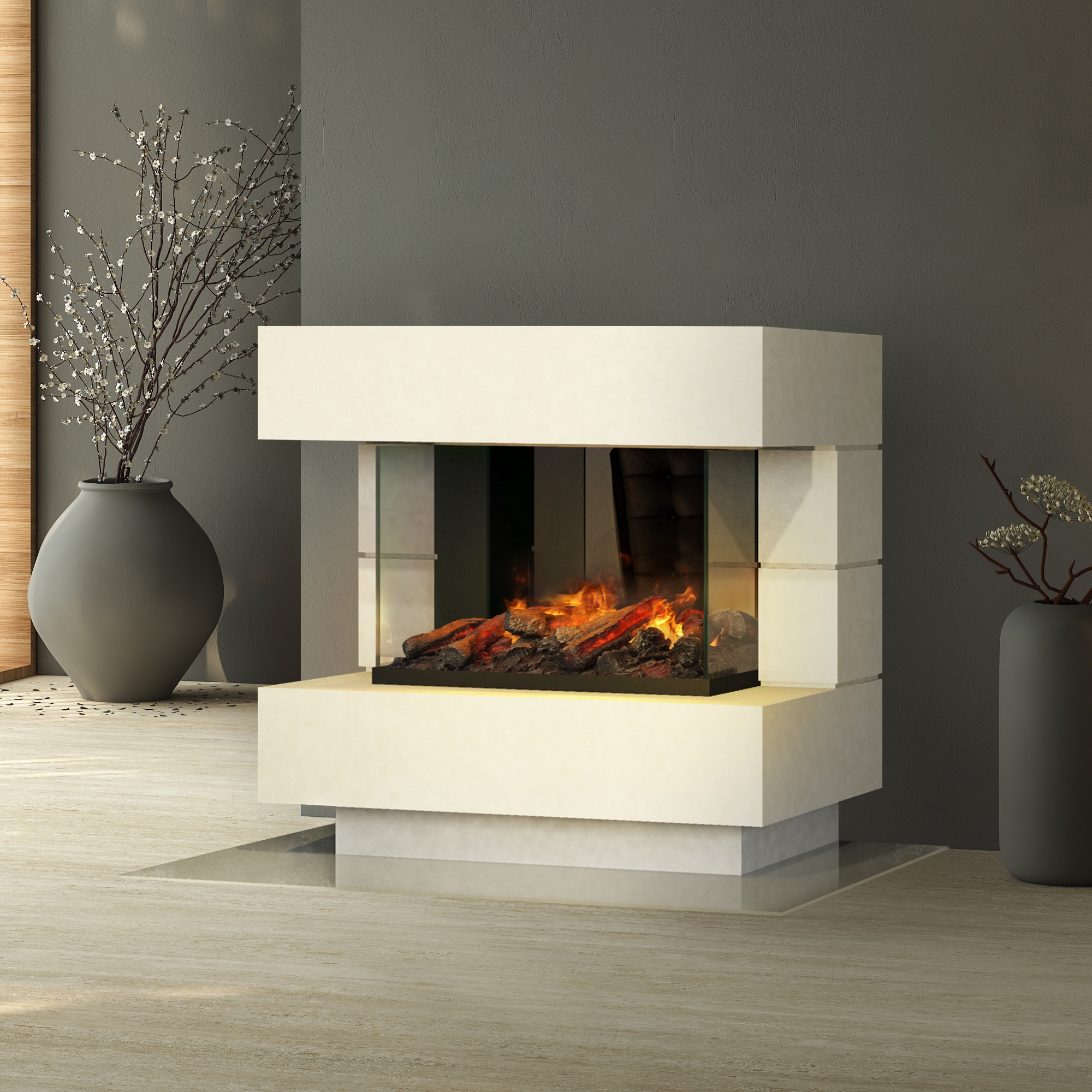 muenkel design London 1100 Opti-glo [Elektrokamin Opti-myst]: Wunschfarbe nach RAL - Mit Heizung - Wasserleitung - Kieswanne mit weißen Steinen